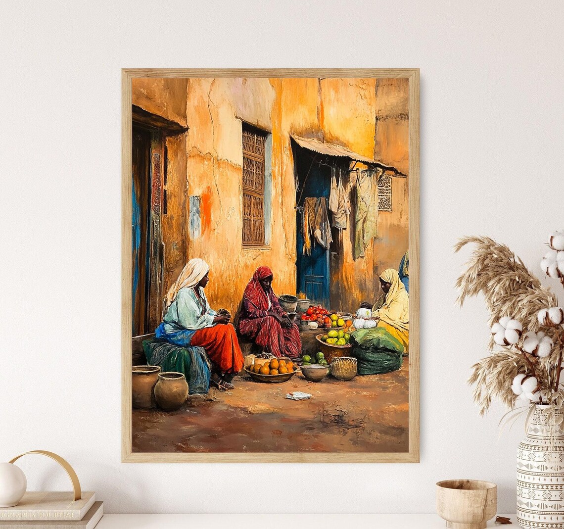 Sudanese Street Market Art Print African Marketplace Scene Cultural Sudan Decor