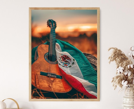 Mexican Flag and Guitar Art Print, Music Poster