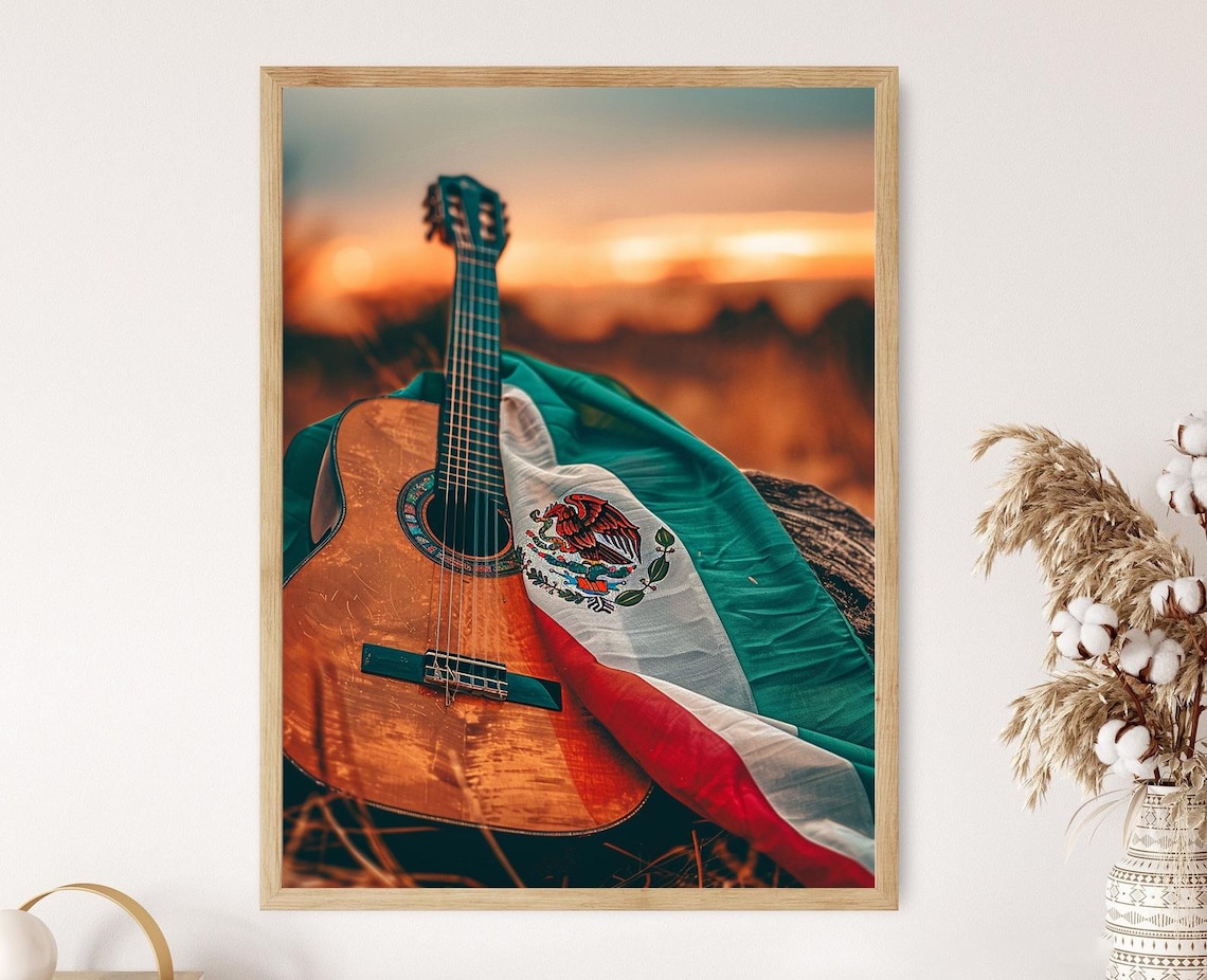 Mexican Flag and Guitar Art Print, Music Poster