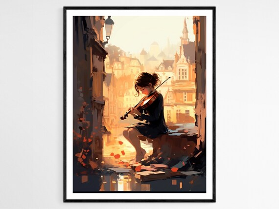 Girl Playing Violin Overlooking Sunset European Old Town Art Poster
