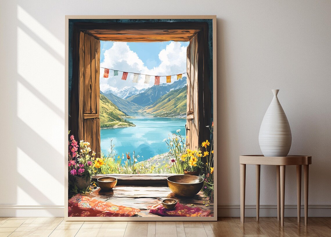 Lake Yamdrok Window Illustration, Prayer Flags Art Print