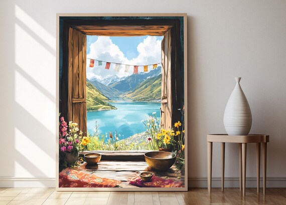 Lake Yamdrok Window Illustration, Prayer Flags Art Print