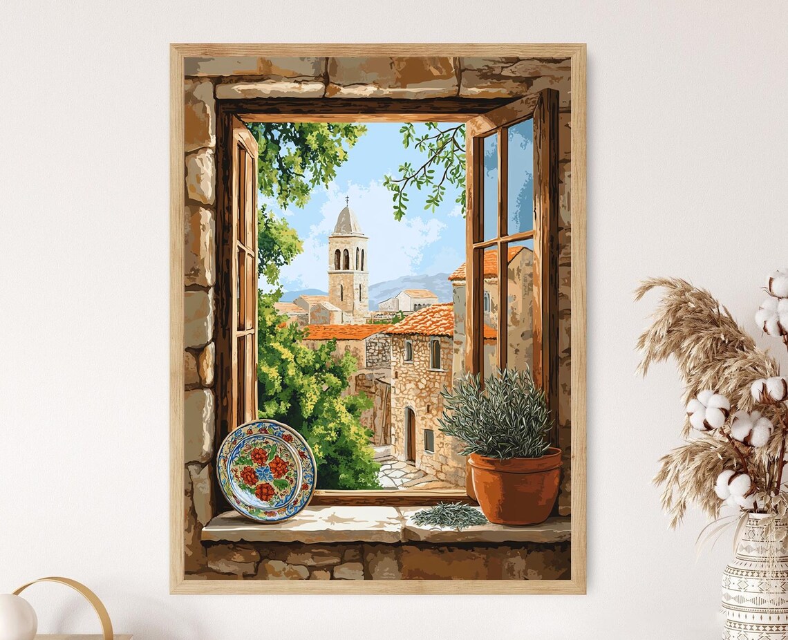 Old Town Church View Through Stone Window With Lavender Pot Poster