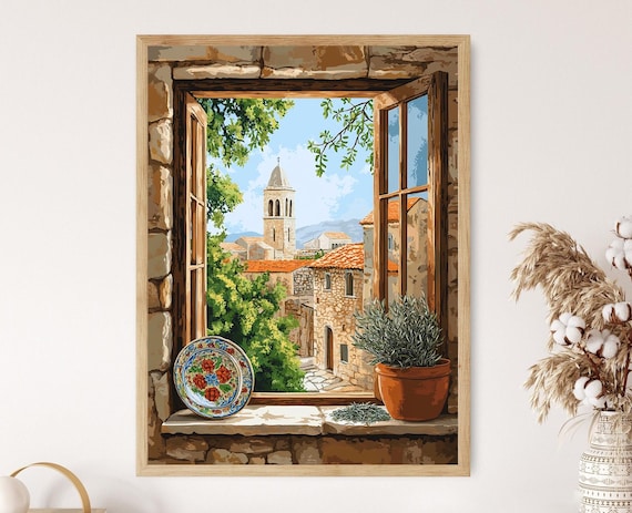 Old Town Church View Through Stone Window With Lavender Pot Poster