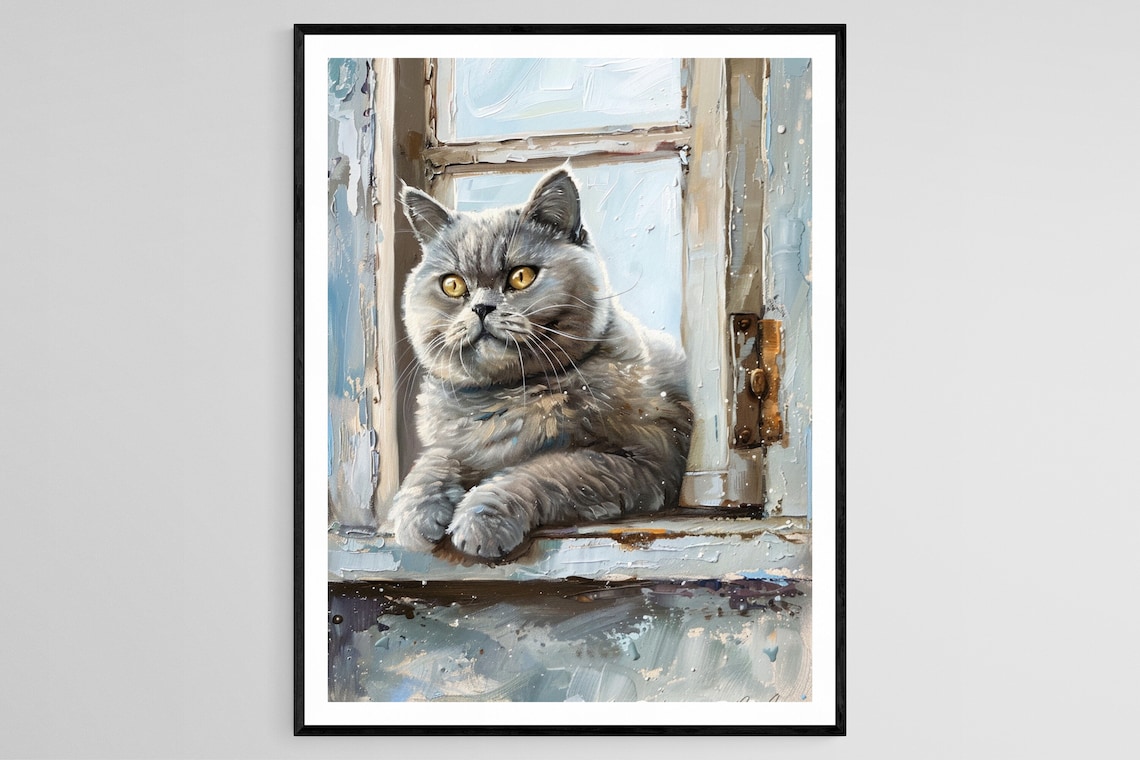 British Shorthair Cat at Frosted Window Poster in Textured Painterly Style