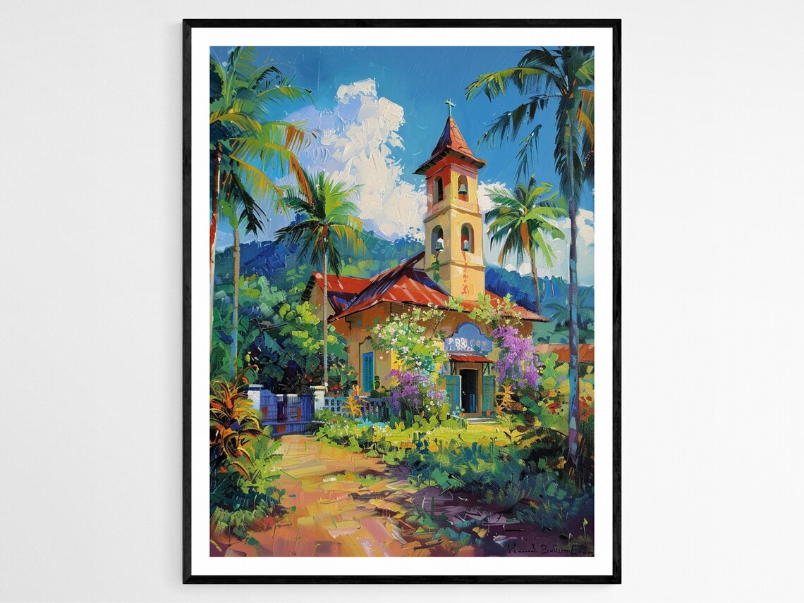Yellow Village Church with Red Bell Tower Palms and Garden Sunlit Art Poster