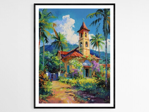 Yellow Village Church with Red Bell Tower Palms and Garden Sunlit Art Poster