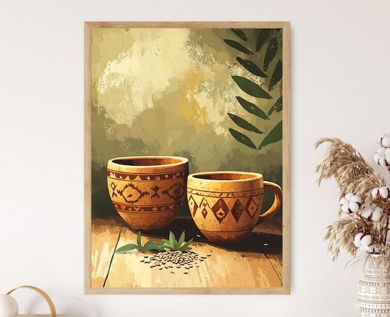 Tarahumara Wooden Bowls Illustration Hand Carved Tribal Motifs Indigenous Craft Print