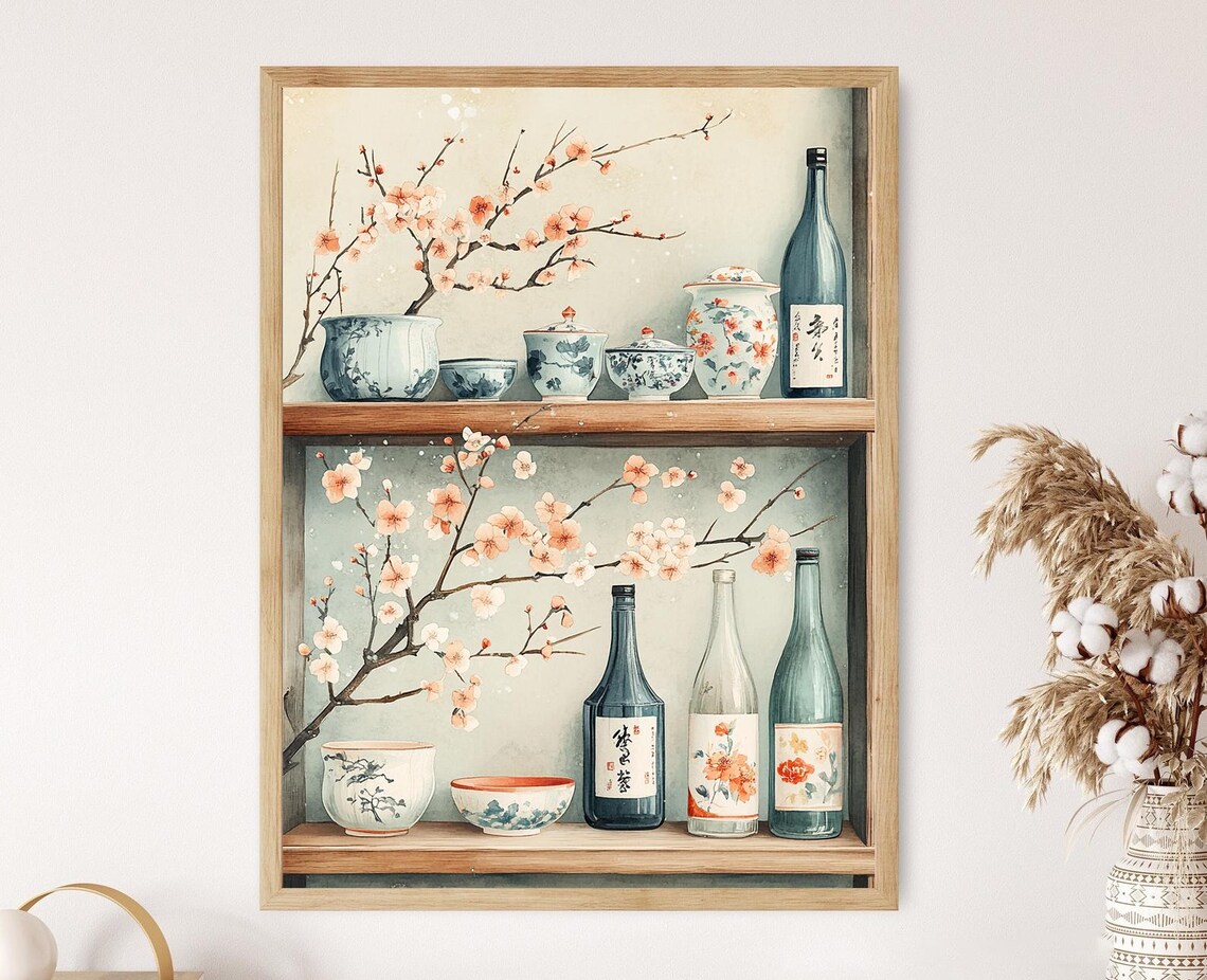 Japanese Kitchen Shelf Art Print, Sake Bottles and Ceramics