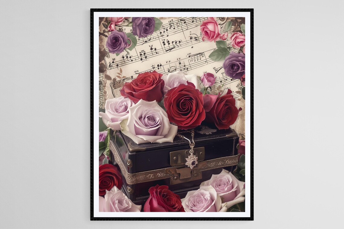 Vintage Roses And Music Sheet Art Print, Romantic Decor