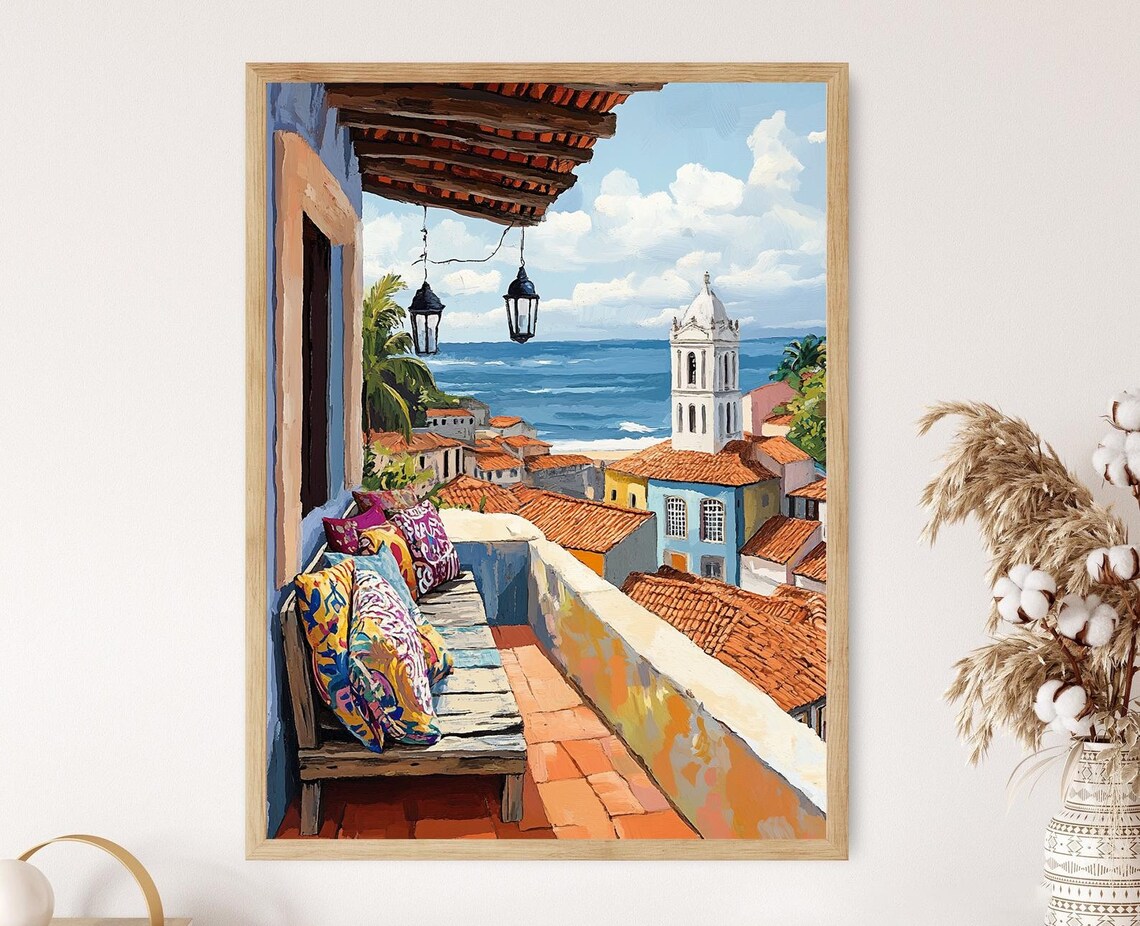 Cozy Balcony Overlooking a Coastal Town and Bell Tower Poster