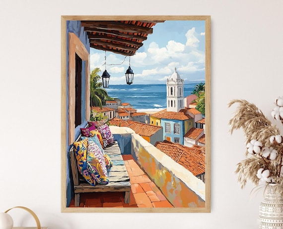 Cozy Balcony Overlooking a Coastal Town and Bell Tower Poster