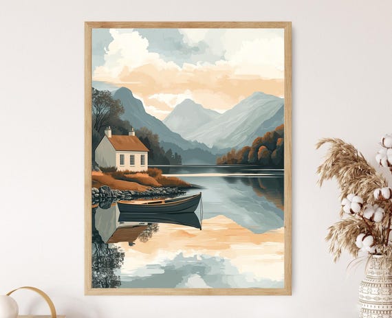 Lake District With Stone Cottage And Rowboat English Countryside Art Print