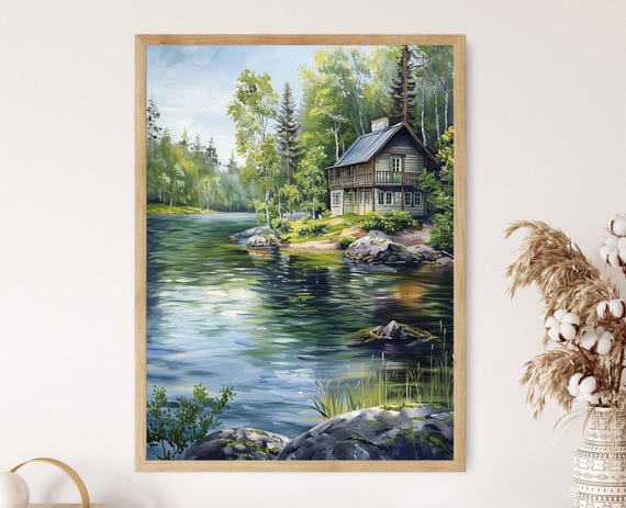 Finnish Lake Painting Summer Cottage Art Print