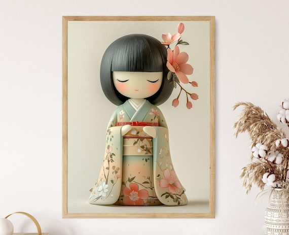 Japanese Kokeshi Doll Art Print, Traditional Kimono