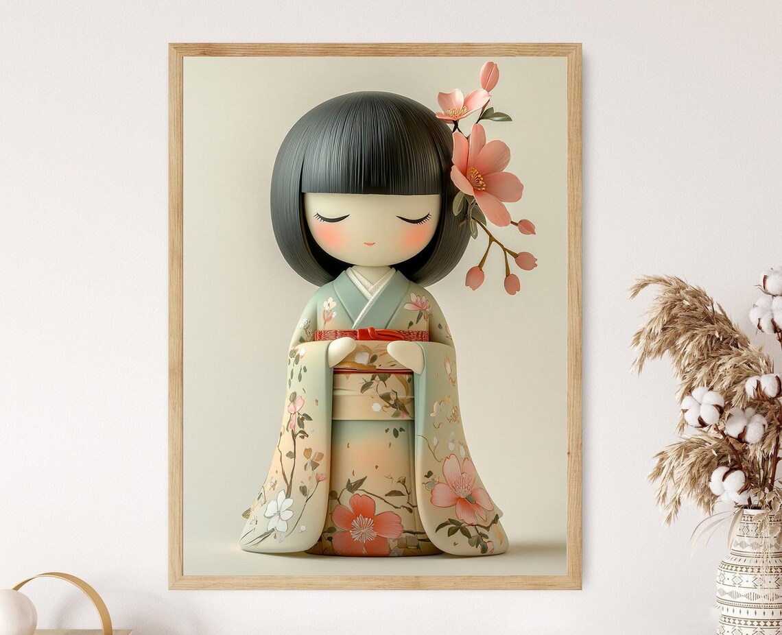 Japanese Kokeshi Doll Art Print, Traditional Kimono