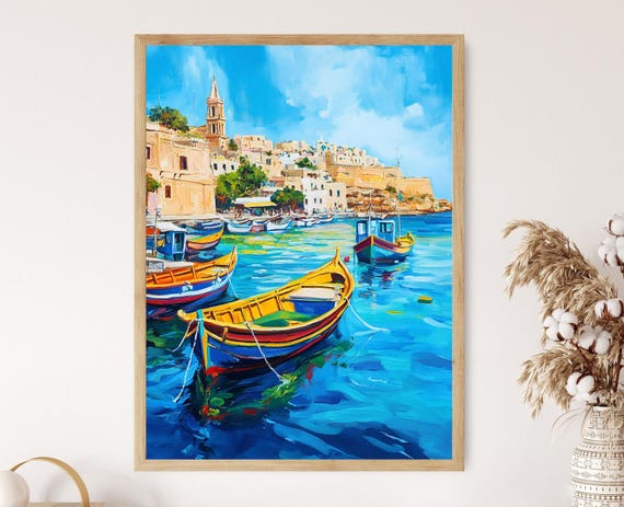 Maltese Fishing Village Colorful Boats Traditional Architecture