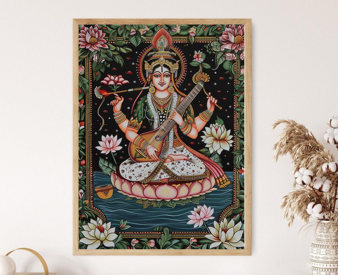 Goddess Saraswati Pattachitra Painting Traditional Indian Artwork Spiritual Wall Decor Unique Housewarming Gift