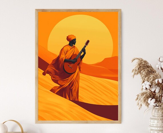Sudanese Musician Playing Guitar Desert Sunset Silhouette Poster
