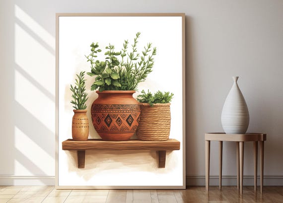 Syrian Clay Pot With Geometric Engravings Art Print Rustic Kitchen Decor Poster