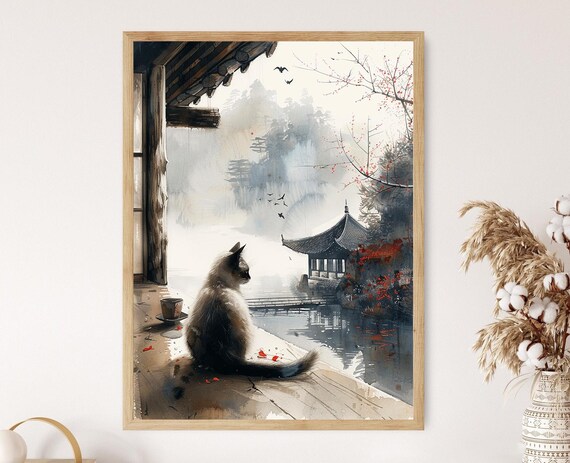 Cat on Wooden Veranda Overlooking Misty Lake Pavilion Poster