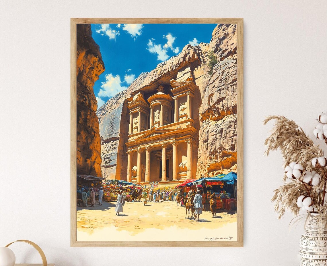Petra Treasury Poster With Camels And Market Stalls At Al Khazneh