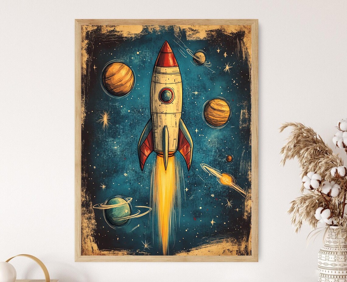 Vintage Rocket Ship Soaring Through Starry Galaxy Planets Sci-Fi Poster