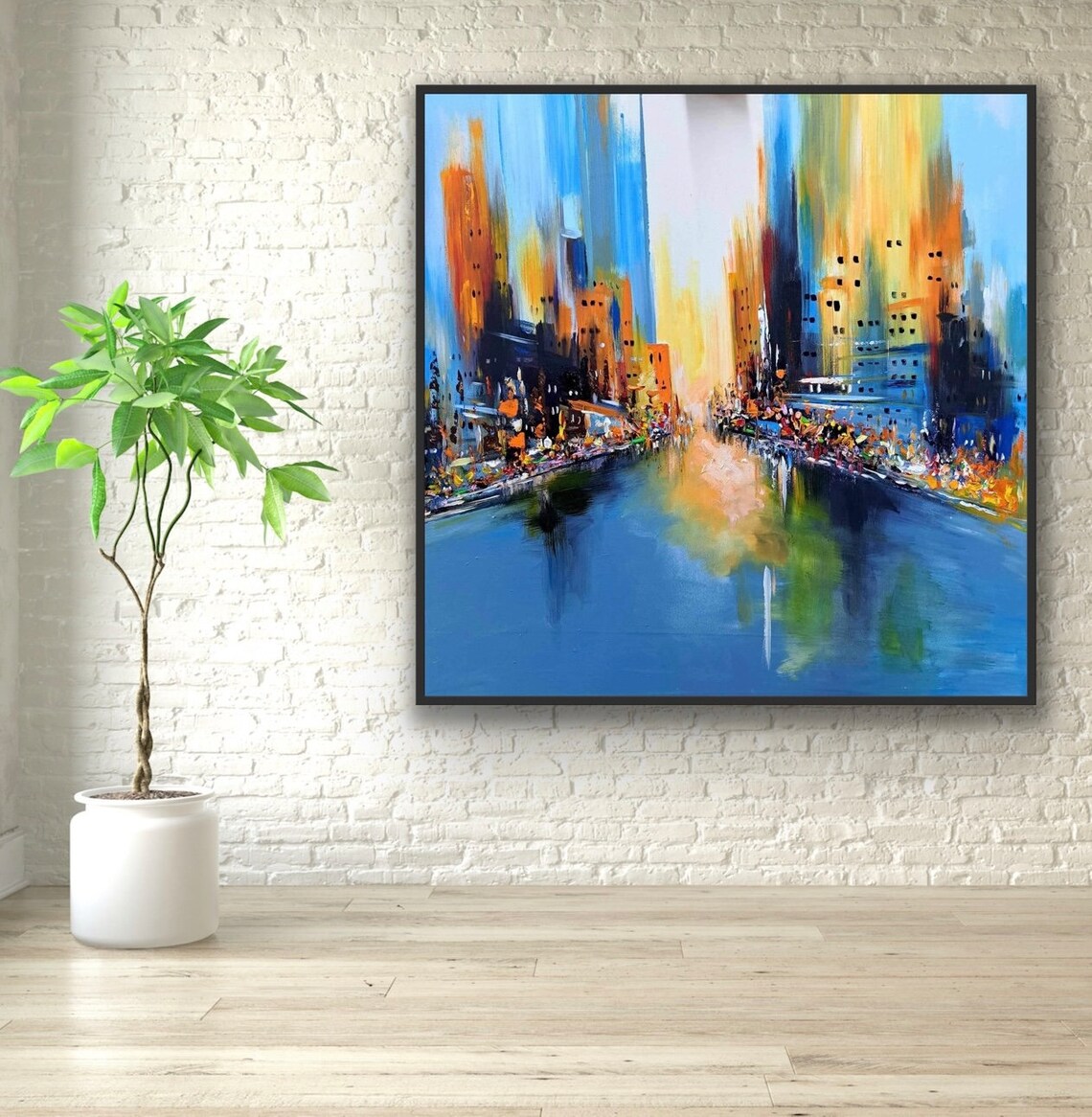 Abstract Blue City Canal Square Modern Cityscape Oil Painting Poster - Image 2
