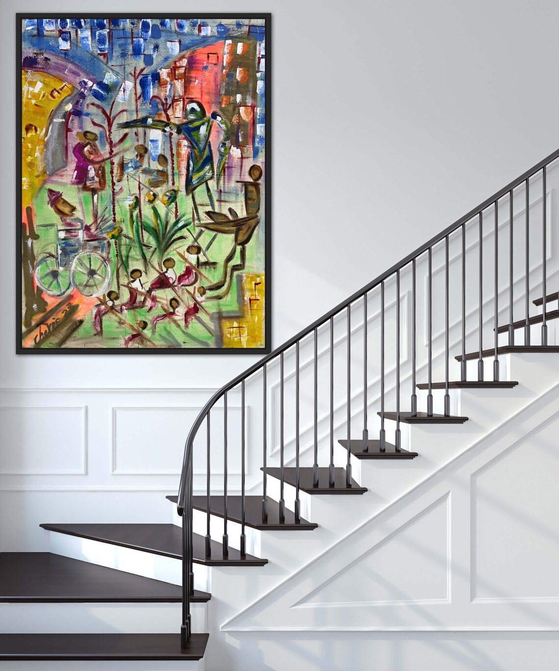 Abstract Street Musicians Scene Colorful Urban Painting Poster - Image 2