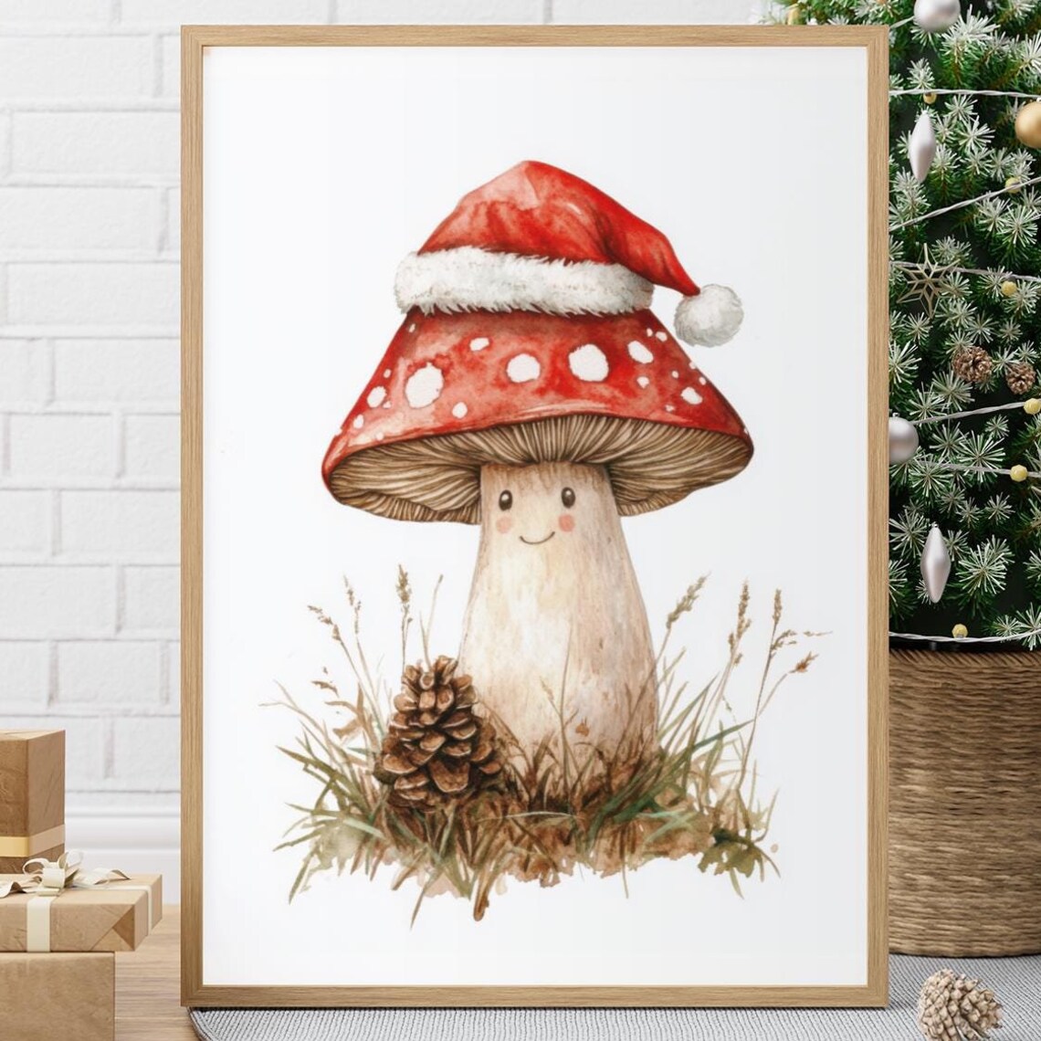 Smiling Mushroom Wearing A Santa Hat Christmas Watercolor Poster