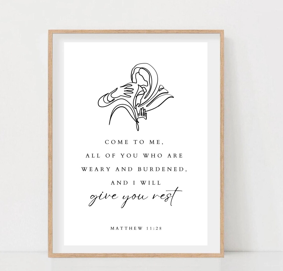 Matthew 1128 Give You Rest Line Art Embrace Christian Verse Poster - Image 2