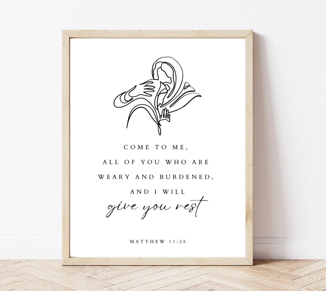 Matthew 1128 Give You Rest Line Art Embrace Christian Verse Poster