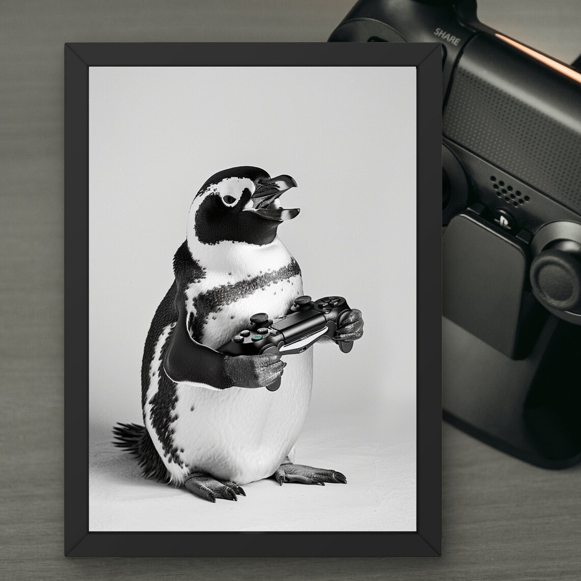 Cheerful Penguin Gamer Holding a Game Controller Funny Poster
