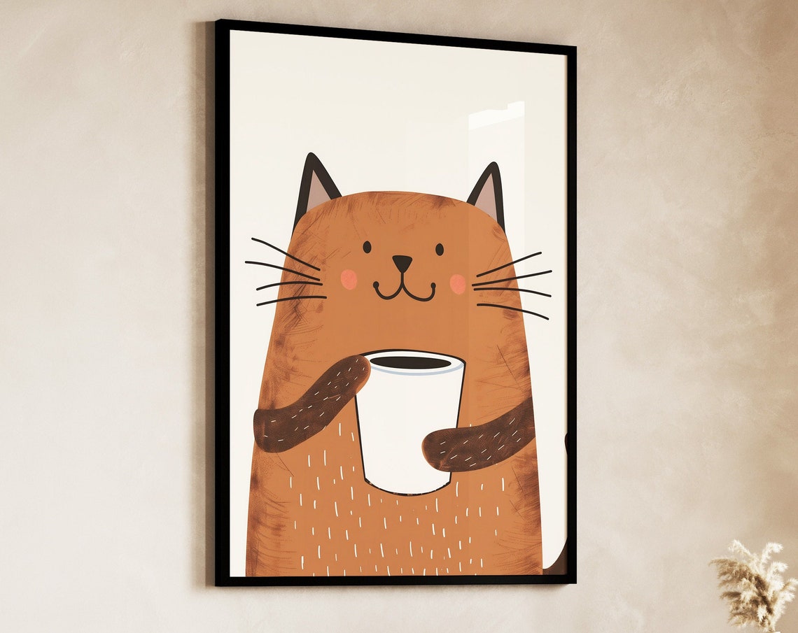 Cute Brown Cat Holding Big Coffee Cup Cozy Boho Kitchen Poster