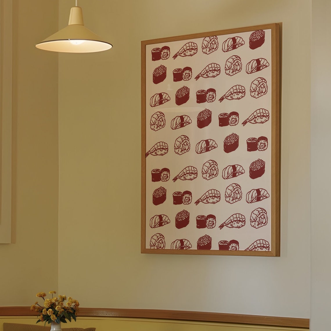 Red Sushi Pattern Grid Retro Japanese Food Kitchen Wall Art Print