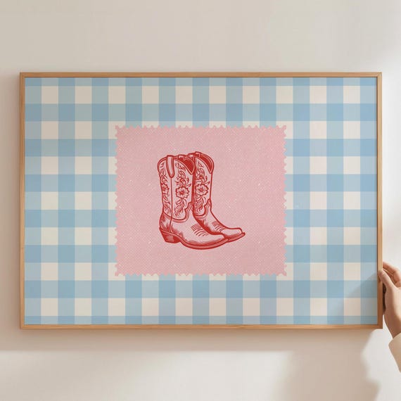 Light Blue Gingham Cowgirl Boots Print Western Bedroom Pink Wall Art Rustic Mid Century Modern Decor Vintage