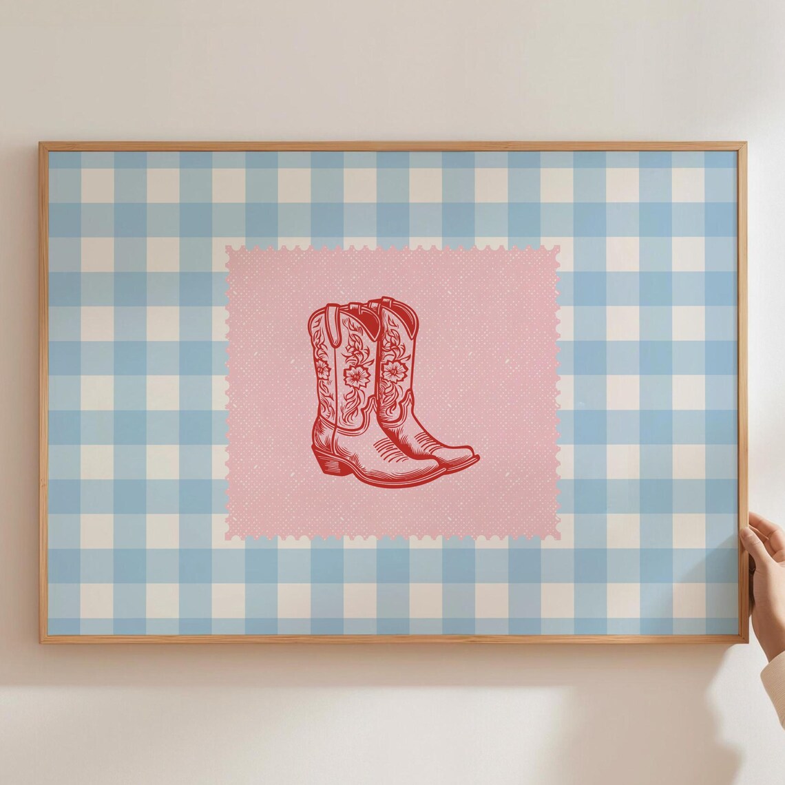 Pink Cowboy Boots Stamp Blue Gingham Coastal Cowgirl Art Print