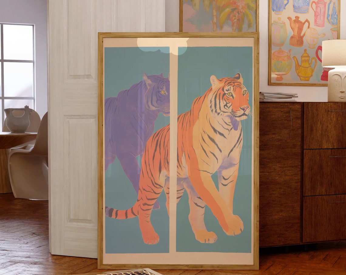 Split Panel Tiger Portrait Orange and Purple on Sage Green Poster