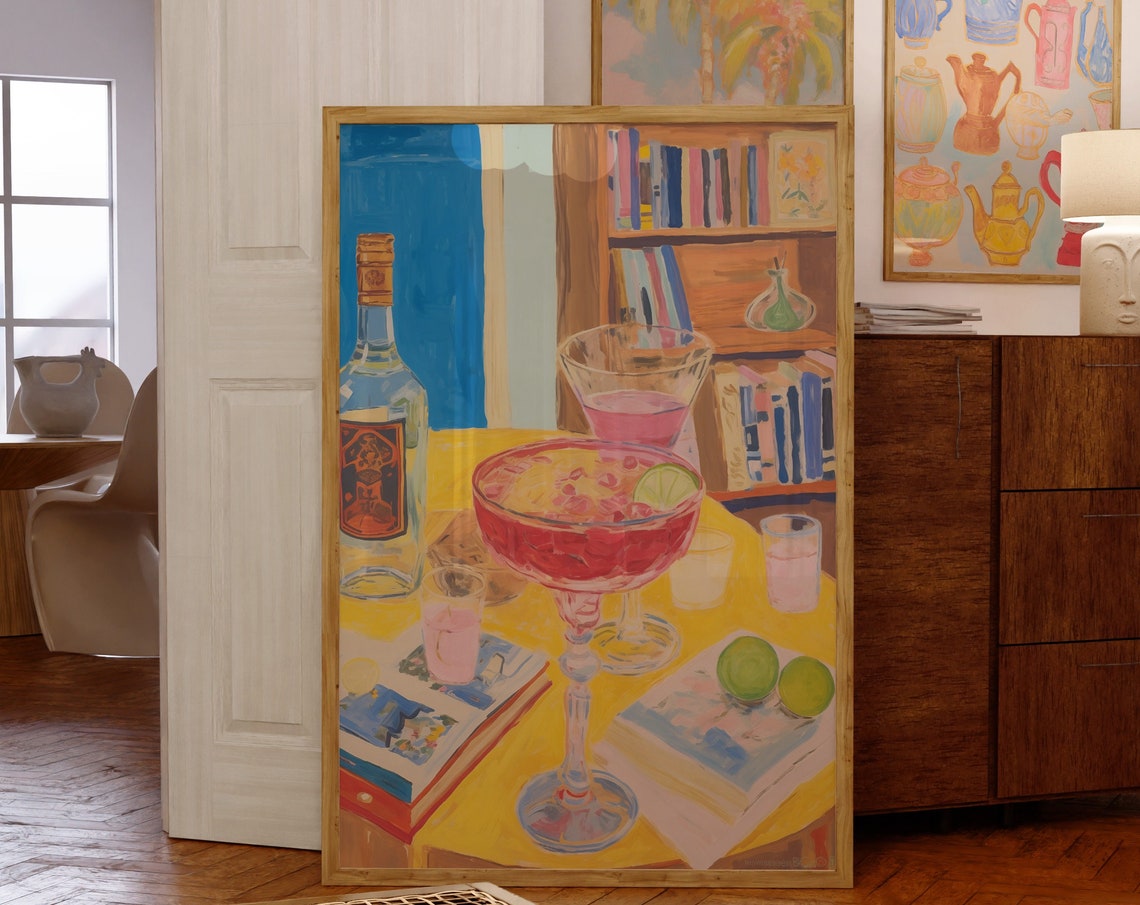 Pink Cocktail And Citrus Bar Cart Still Life Painting Poster