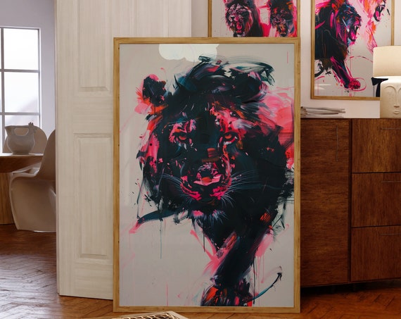 Abstract Lion Poster, Black and Pink Aesthetic Art Print