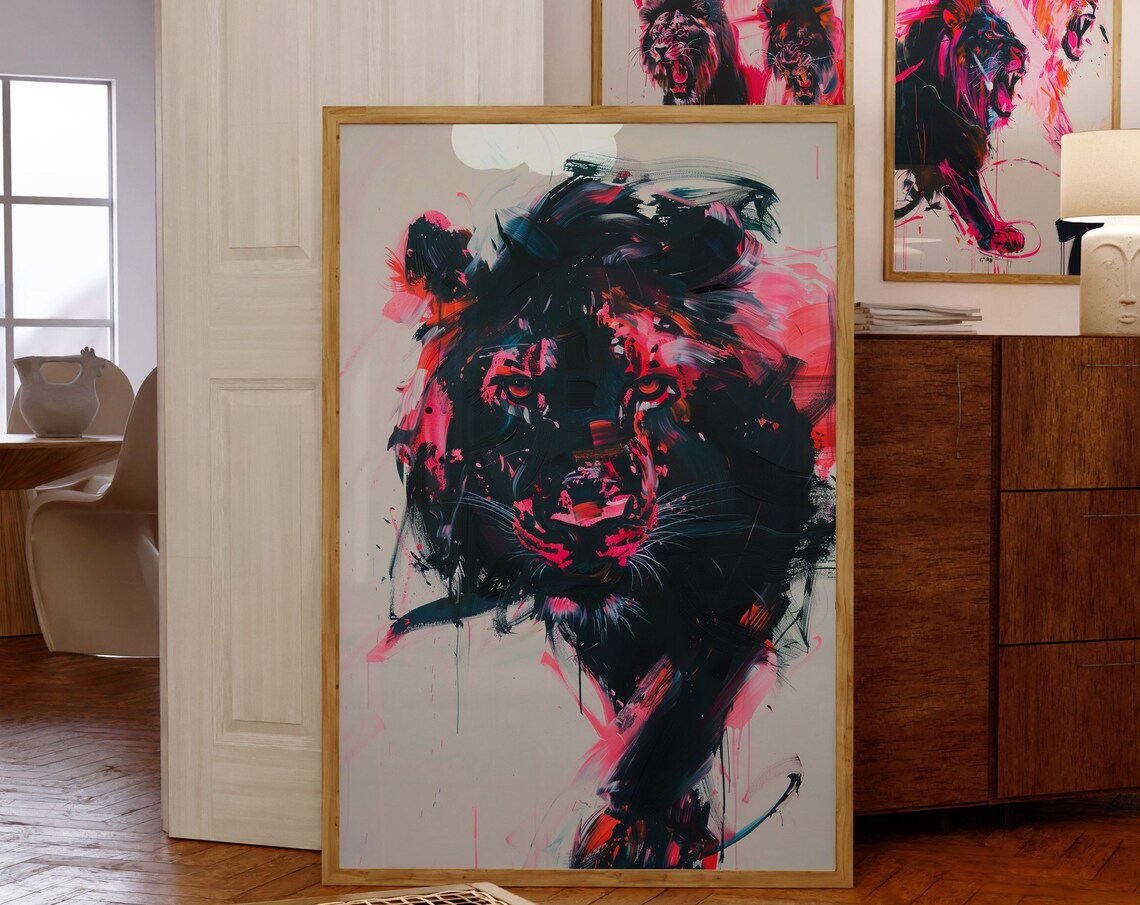 Abstract Lion Poster, Black and Pink Aesthetic Art Print