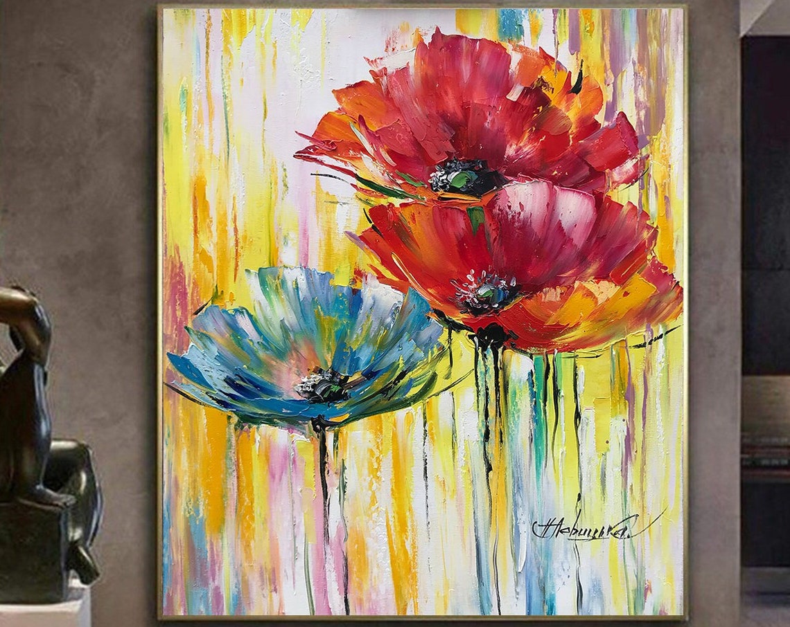 Red Blue Poppy Flowers Yellow Pastel Background Impressionist Poster