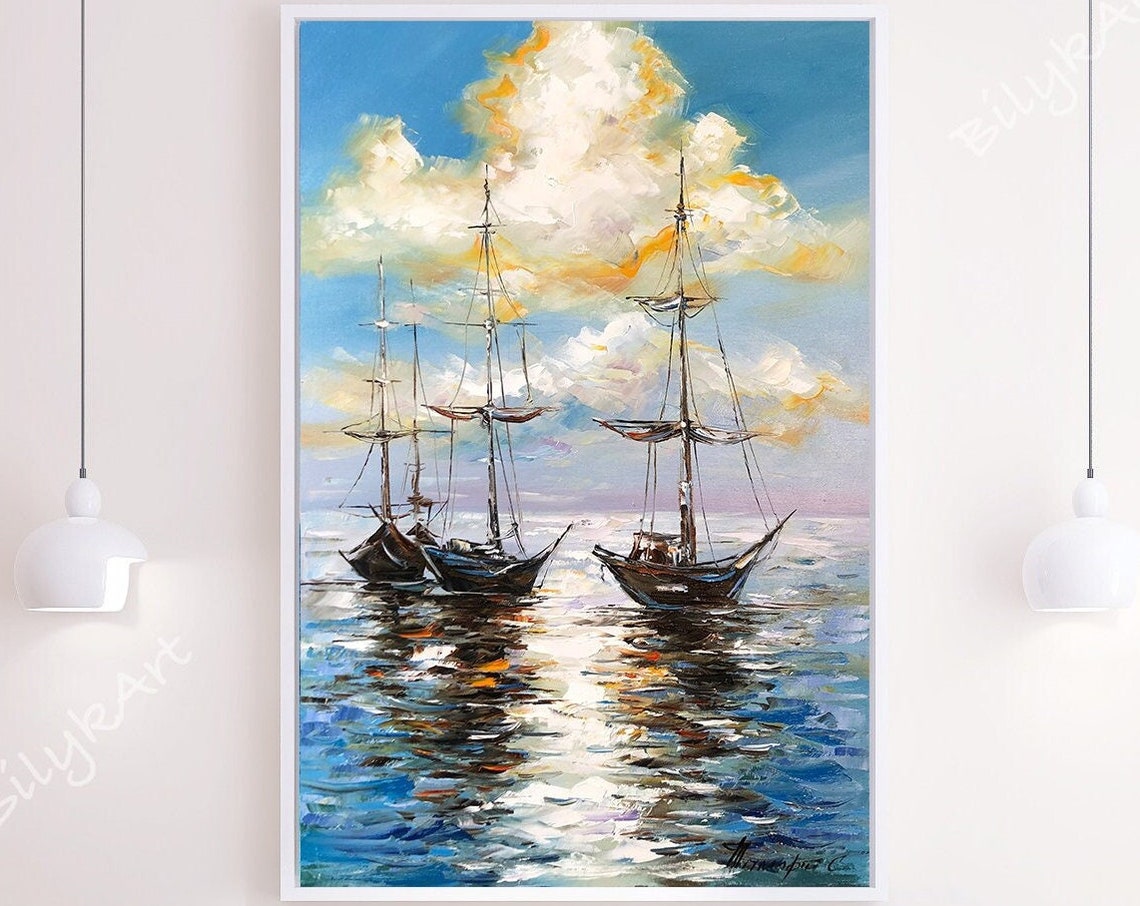 Sail Boat At Sea Oil Painting Original Sailboats Painting Sailing Wall Art Custom Boat Painting On Colorful Sunset Boats Art - Image 2