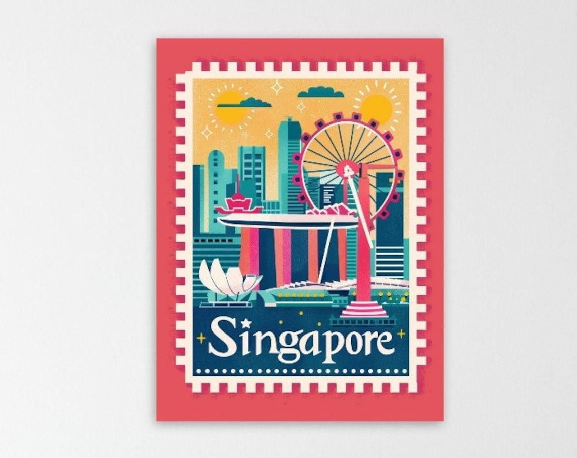 Singapore Marina Bay Skyline Vintage Postage Stamp Travel Poster