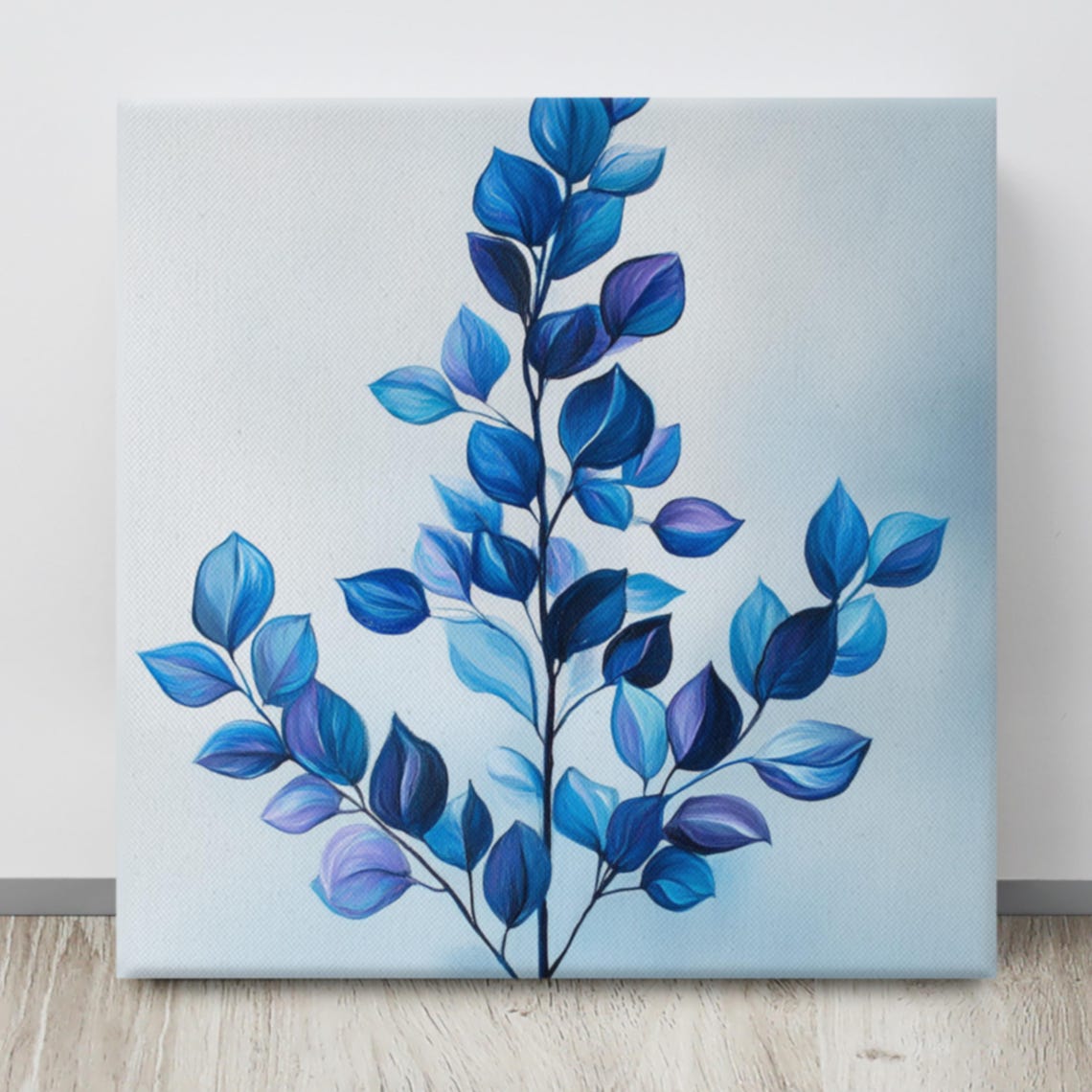 Blue Botanical Leaves Branch Painting on White Background Print - Image 4