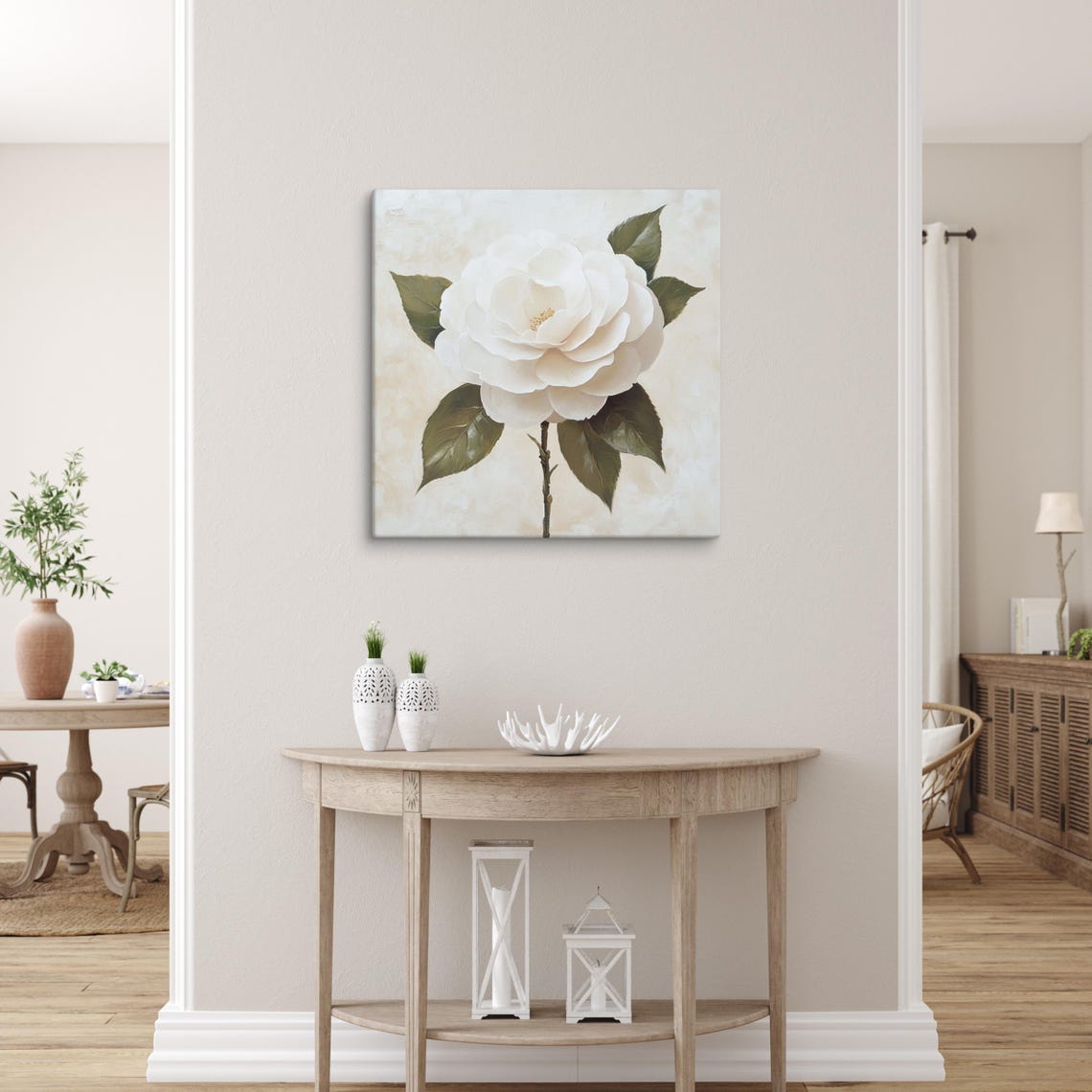 Elegant White Camellia Flower Painting on Cream Botanical Print - Image 5