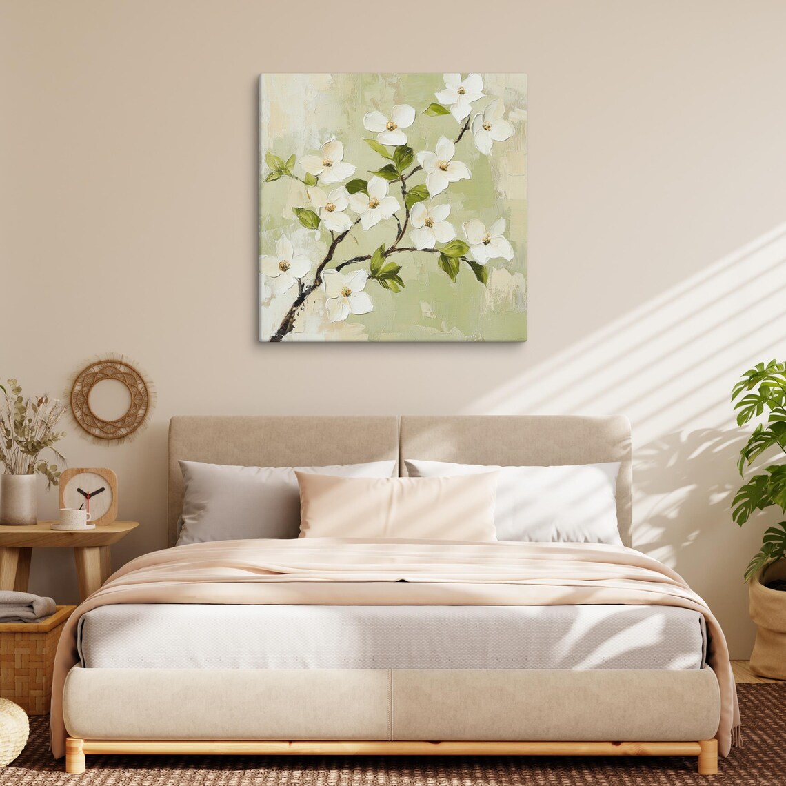 White Dogwood Blossoms Branch Sage Green Floral Painting Print - Image 2