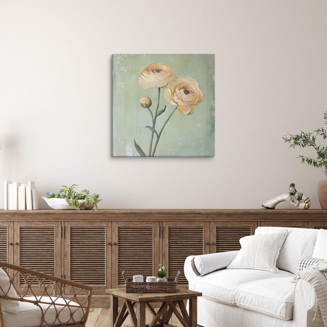 Ivory Ranunculus Two Blooms Sage Green Vintage Floral Art Poster - Image 3