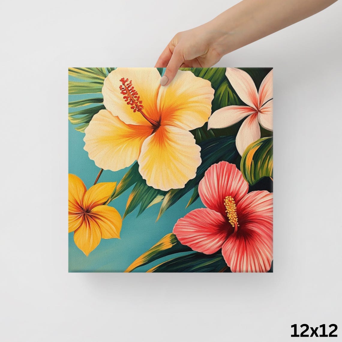 Tropical Hibiscus Golden Yellow Coral Blooms Turquoise Wall Art Poster - Image 2