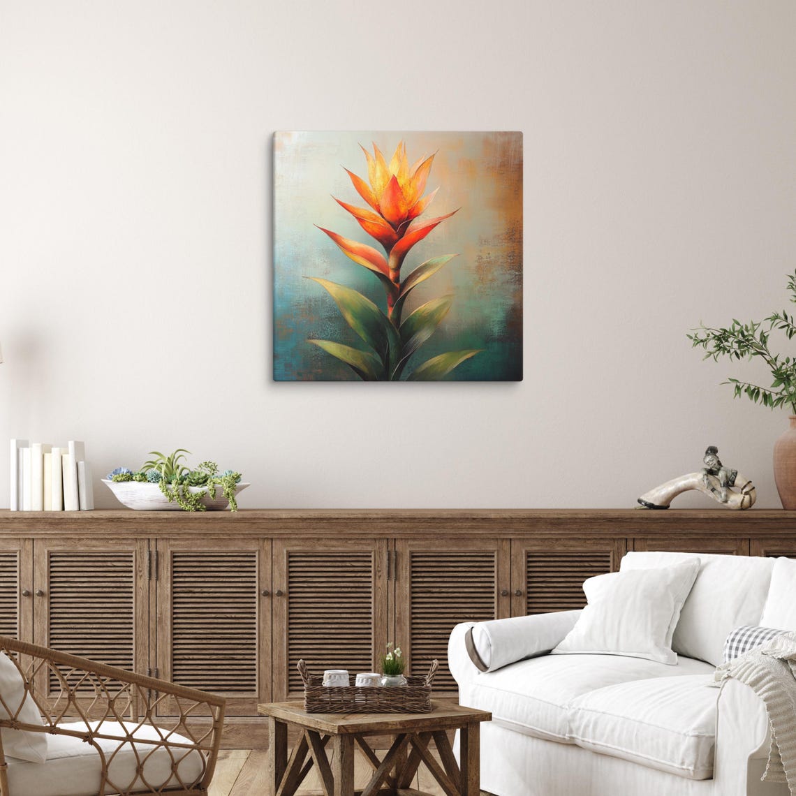 Orange Guzmania Bromeliad Flower Teal Background Painting Poster - Image 5